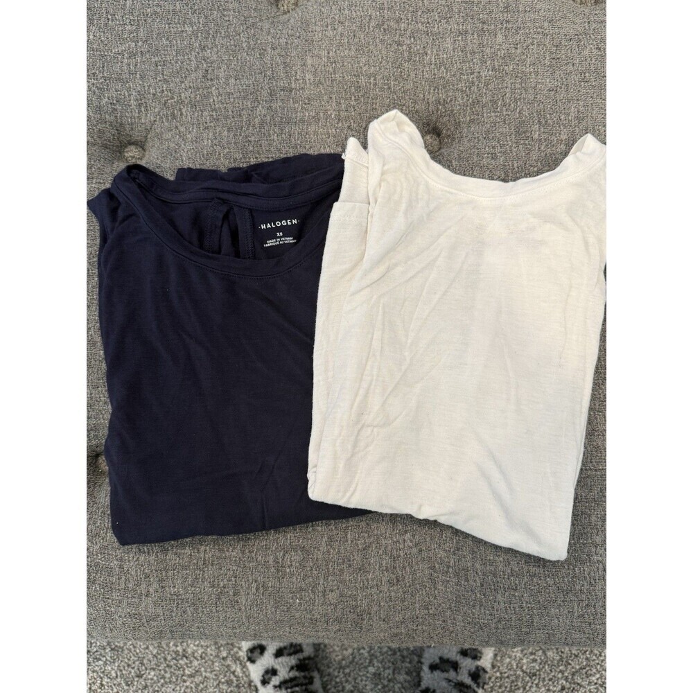 Set Of 2 Halogen Women Tank Tops XS WHITE AND NAVY Keyhole Back Sleeveless